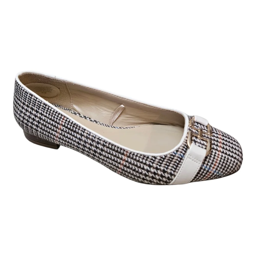 Ann Taylor Factory Plaid Ballet Flats Women's 6.5 Cream Brown Career